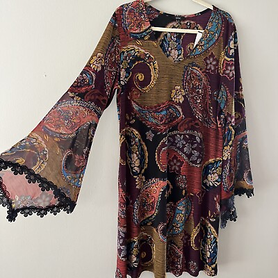 #ad MSK Boho Dress XL Multicolor Paisley Sheer Fluted Long Sleeve Lace Kaftan $25.00