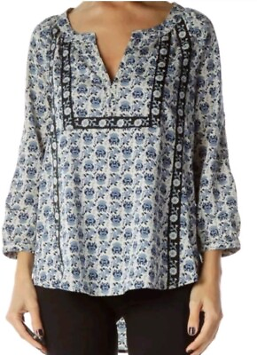 #ad BeachLunchLounge Sz S Boho Collection Blue Medallion Print Cottageco Peasant Top $20.00