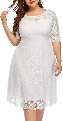 #ad Women#x27;s Plus Size Lace Scooped Neckline Half Sleeve Cocktail Wedding Midi Dress $113.57