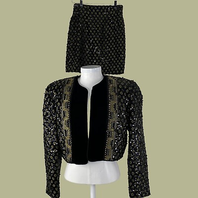 #ad Oleg Cassini Womens Skirt Suit Black Gold Beaded Sequin Jacket Vtg 80s Small $99.99