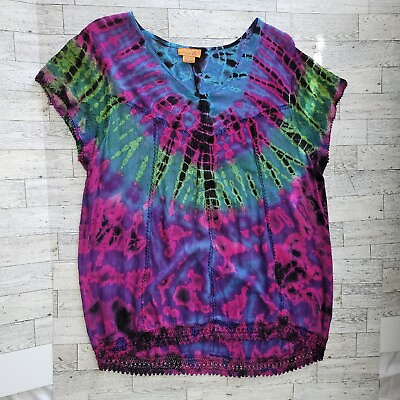 #ad Sakkas Tunic Top Size Plus Boho Embroidered Short Sleeve Top Crochet Trim READ $19.99