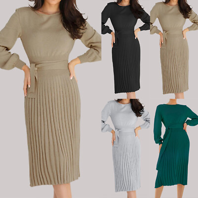 #ad Womens Long Sleeve Knit Pencil Dress Ladies Solid Casual Cocktail Party Dresses $42.82