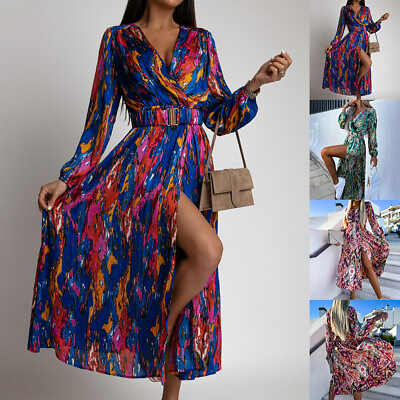 #ad Womens Boho Floral V Neck Maxi Dress Ladies High Split Holiday Beach Long Dress $25.99