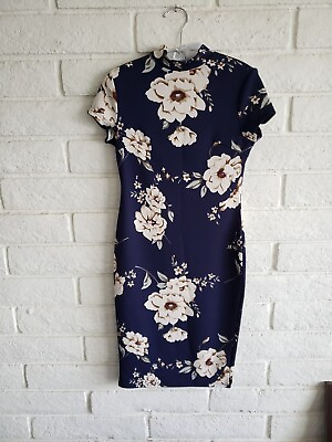 #ad Floral Mock Neck Short Sleeve Midi Cocktail Dress Sz S $14.25