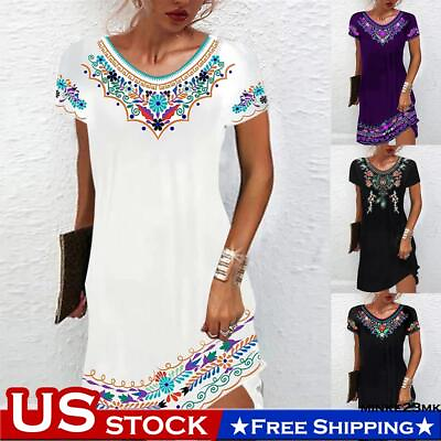 #ad Womens Short Sleeve Tunic Mini Dress Summer Holiday Beach Floral Boho Dresses $19.09