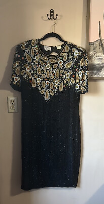 #ad Vintage Stenay Black Sequin Beaded Silk Cocktail Midi Dress Size 10 $150.00