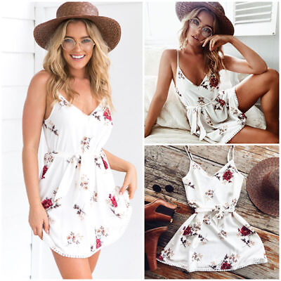 #ad Women#x27;s Floral Mini Beach High Waist Sleeveless Summer V Neck Dress $9.89