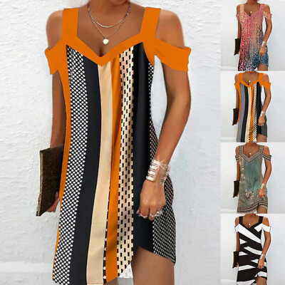#ad Boho Women Print Cold Shoulder Short Sleeve Dress Summer Beach Holiday Sundress $20.29