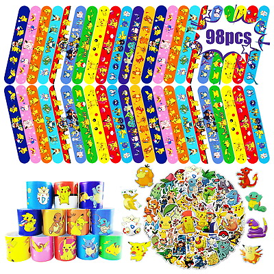 #ad 98 Pcs Pokemon Slap Bracelet Sticker Set Party Favors Birthday Supplies for Kids $8.99