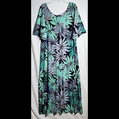 #ad Glamour Maxi Dress Short Sleeve Stretch Tropical Textured Blue Green Size 18W $18.99