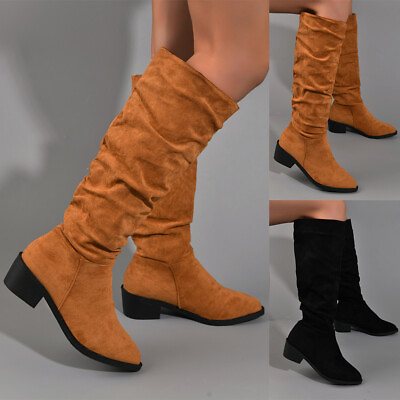 Women#x27;s Low Heel Knee High Boots Wide Calf Boots Fashion Winter Dress Boot $37.99