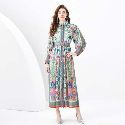 #ad Spring Fall Floral Print Collar Belt Long Sleeve Womens Oversized Maxi Dresses $28.79