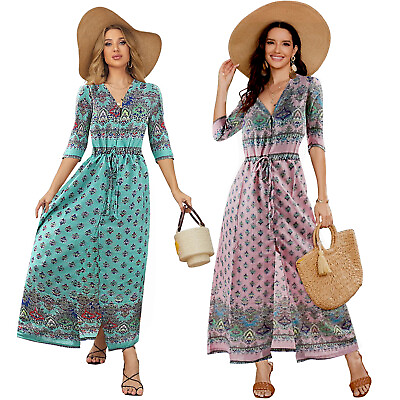 Women#x27;s Casual Sundress Boho Beach Slit Long Maxi Floral Summer Beach Dress $15.95