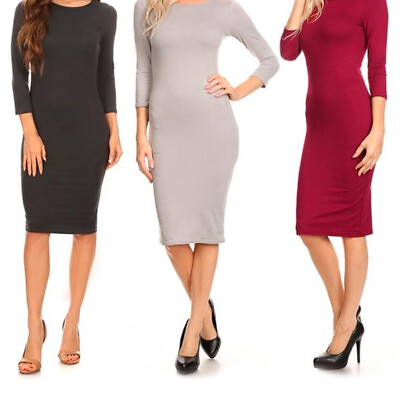 #ad Women Cocktail Bodycon Dress Casual Party Long Sleeve Stretch Pencil Midi S M L $14.78