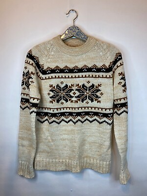 #ad VTG 70s Dillards Size Small Medium Tan Fair Isle Nordic Sweater Acrylic Knit $29.99