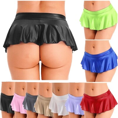 #ad Women#x27;s Glossy Mini Skirts Low Rise Ruffled Miniskirt Cocktail Party Club wear $8.83