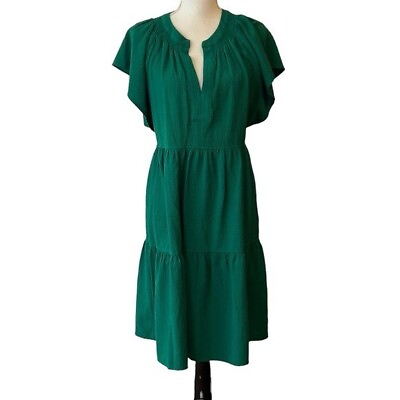 #ad Calvin Klein Tiered Short Flutter Sleeve Boho Dress Women’s Size 16 Solid Green $24.95