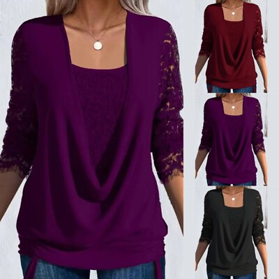 #ad Womens Lace Evening Party Tunic Tops Long Sleeve Ruffle Blouse T Shirt Size 6 16 $22.99
