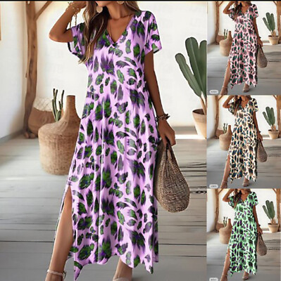 #ad Women Summer Short Sleeve V Neck Casual Loose Beach Dress Ladies Maxi Dresses US $4.99