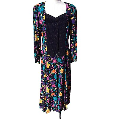 #ad Carole Little Dress Womens Size 12 Vintage Mixed Print Rayon Acetate Button Tie $55.20