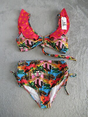 #ad Sporlike 2 Piece Bathing Suit Bikini Women#x27;s Medium Tropical Print Ruffled Top $6.95