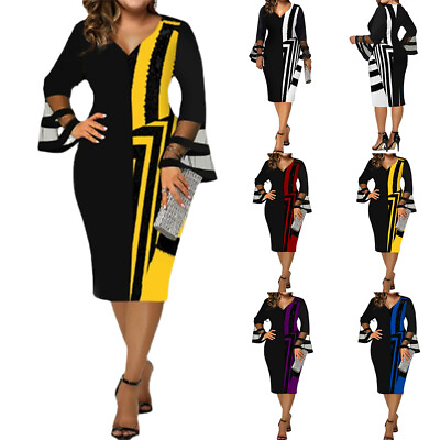 #ad Plus Size Womens V Neck Bodycon Midi Dress Ladies Cocktail Formal Party Dresses $25.84