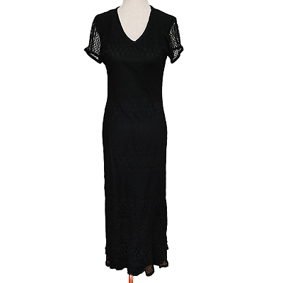 #ad Vintage 90s Y2k Black Crochet Midi Maxi Dress Short Sleeves V Neck Slip Small $36.00