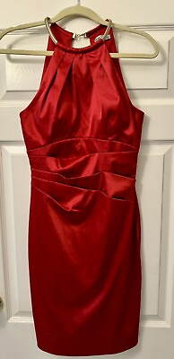 #ad Eliza J Necklace Cocktail Sheath Dress Red Gold Collar Cocktail Dress Size 4 $29.99