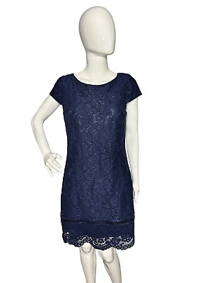 Vince Camuto Navy Blue Lace Overlay Short Sleeve Dress Cocktail Women#x27;s 6 $22.09