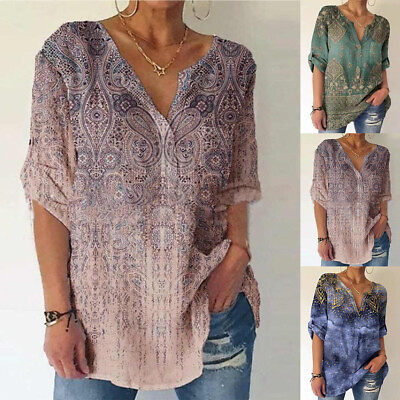 #ad #ad Womens Boho Floral V Neck 3 4 Sleeve Shirt Ladies Casual Loose Tunic Tops Blouse $21.27