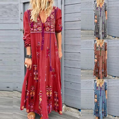 #ad Women Long Sleeve Boho Floral Maxi Dress Gypsy V Neck Kaftan Baggy Shirt Dress $28.59