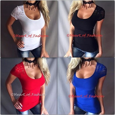 Women#x27;s Basic Low Cut Deep Scoop Neck Lace Sleeve Fitted Stretch Top S M L PLUS $13.89
