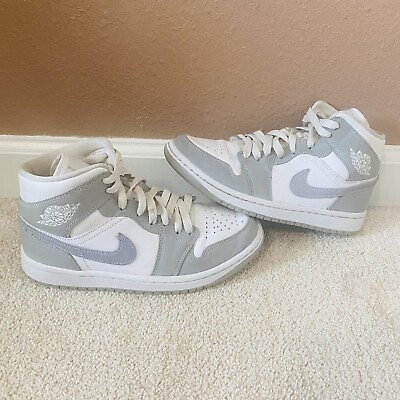 #ad Nike Air Jordan 1 Mid White Wolf Grey Blue Shoes BQ6472 105 Women#x27;s Size 6 $56.89