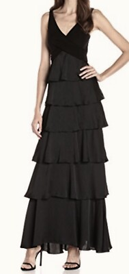 #ad AIDAN MATTOX Black Jersey Bodice Satin Ruffle Tier Skirt Long Dress NWT Womens 4 $247.43