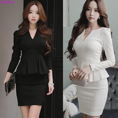 Korean Women V neck Slim Peplum Ruffle Flare Bodycon Mini Business Work Dress $24.69