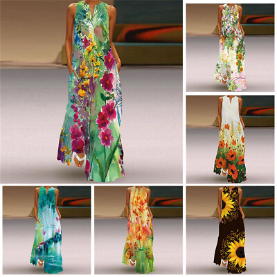 #ad Womens Vintage Floral Print Sleeveless Long Boho Sundress Maxi Dress Plus Size $24.42