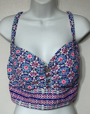#ad Torrid Wireless Lattice Front Bikini Top Pink amp; Blue Floral Size 3 22 24 $17.00