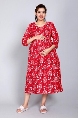 Indian Cotton Maternity Nursing Dress Pregnancy Gown Maxi for feeding with zip $31.50