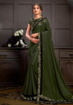 Olive Green Silk Georgette Designer Wedding Party Western Indian Saree $119.00