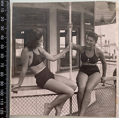 1940s Bikini Couple Women Armpits Swimwear Swimsuit Girls Beach Vintage Photo $14.99
