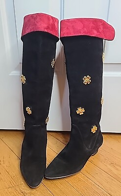 #ad VTG ESCADA Womens Boots Black Red Sz 37 4 Leaf Clover Suede Knee High 80s Italy $75.00