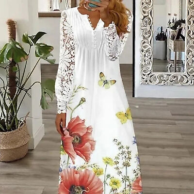 #ad Long Dress V Neck Lace Spring Summer Floral Print Women Maxi Dress Daily Wear $28.82