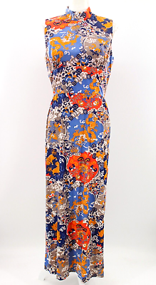 #ad Vtg Women#x27;s 70s Blue amp; Orange Dragon Print Maxi Dress 1970s Sz M Hostess Gown $59.99