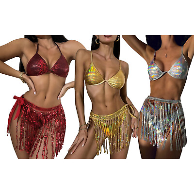 #ad Womens Bikini Beach 3 Piece High Waist Swimwear Mini Skirt Outfits Party Shiny $7.43