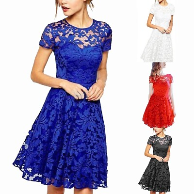 #ad Stylish Lace Short Dress Plus Size Crew Neck Evening Party Cocktail M5XL $20.93