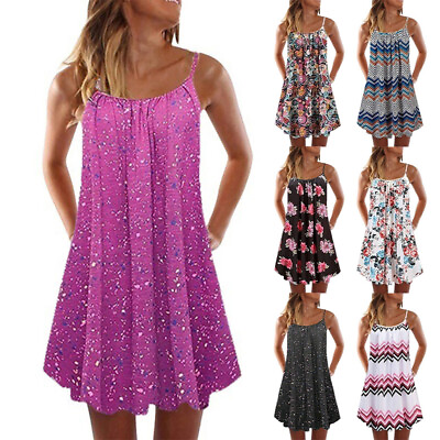 #ad Women Sleeveless Boho Floral Cami Mini Dress Ladies Beach Holiday Swing Sundress $8.01