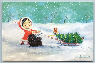#ad LITTLE GIRL with dog sled Christmas Tree Far North Winter Holiday New Postcard $2.99
