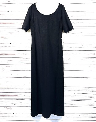 #ad St. John Evening Dress Women’s 14 Black Maxi Knit Short Sleeve Lace Trim Glitter $313.03