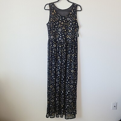 #ad Cosmic Aura Astrology Celestial Stars Moon Foil Mesh Maxi Dress Plus Size 3X Bla $42.49