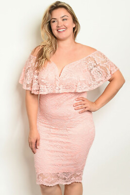 #ad Womens Plus Size Peach Lace Overlay Cocktail Dress 1X Cold Shoulder Bodycon $29.95